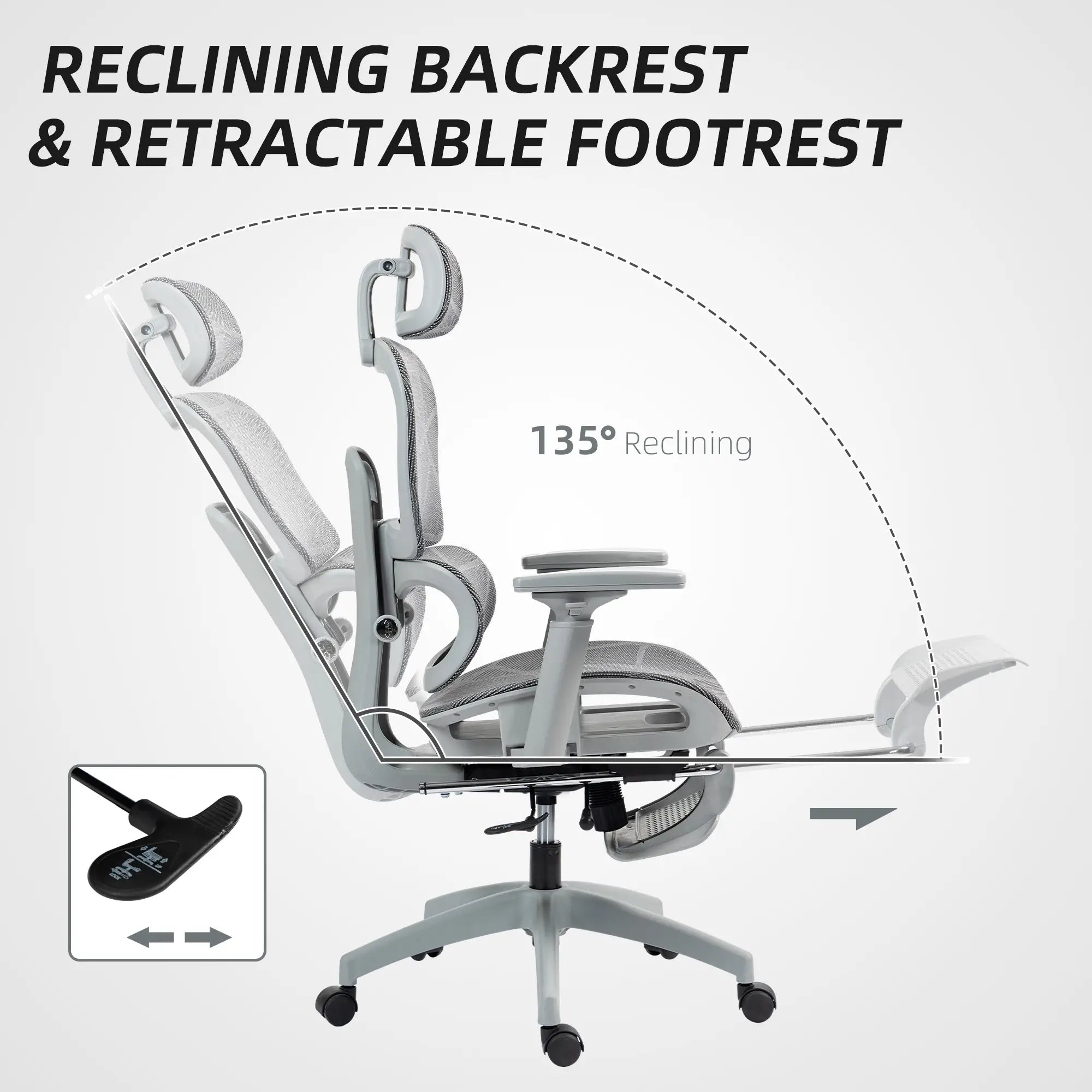 Mesh Office Chair, 3D Armrest, High Back, Lumbar Support, 135° Recline, Adjustable Headrest, Grey Executive & Manager Chairs at Gallery Canada