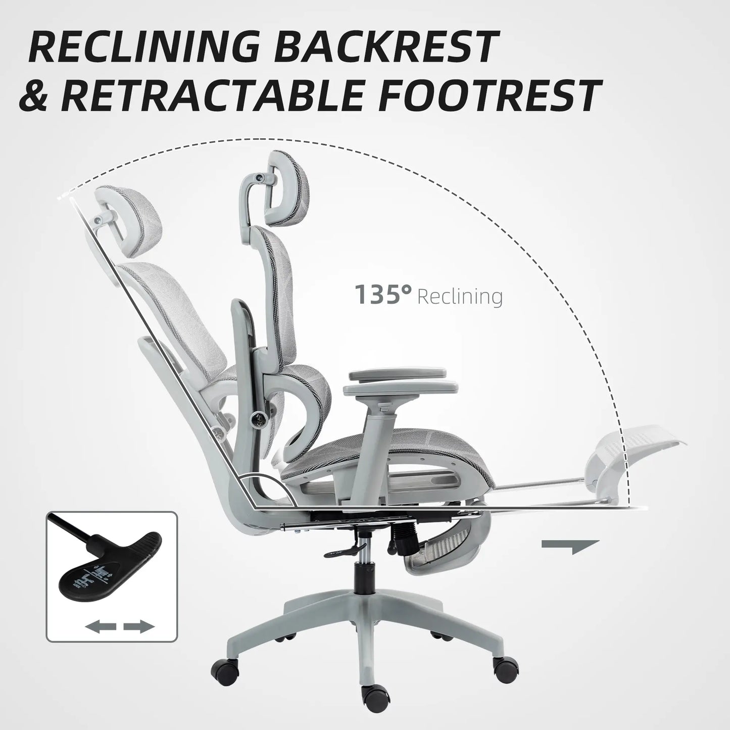 Mesh Office Chair, 3D Armrest, High Back, Lumbar Support, 135° Recline, Adjustable Headrest, Grey Executive & Manager Chairs at Gallery Canada