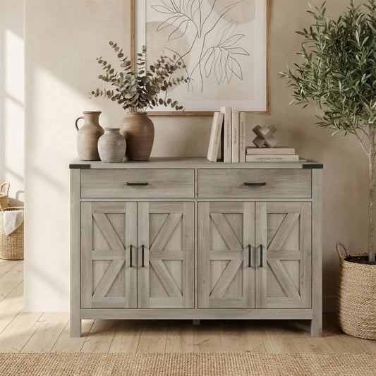 Farmhouse Buffet Cabinet, 2 Drawers, 2 Cabinets, Adjustable Shelves, Grey Bar Cabinets Grey at Gallery Canada