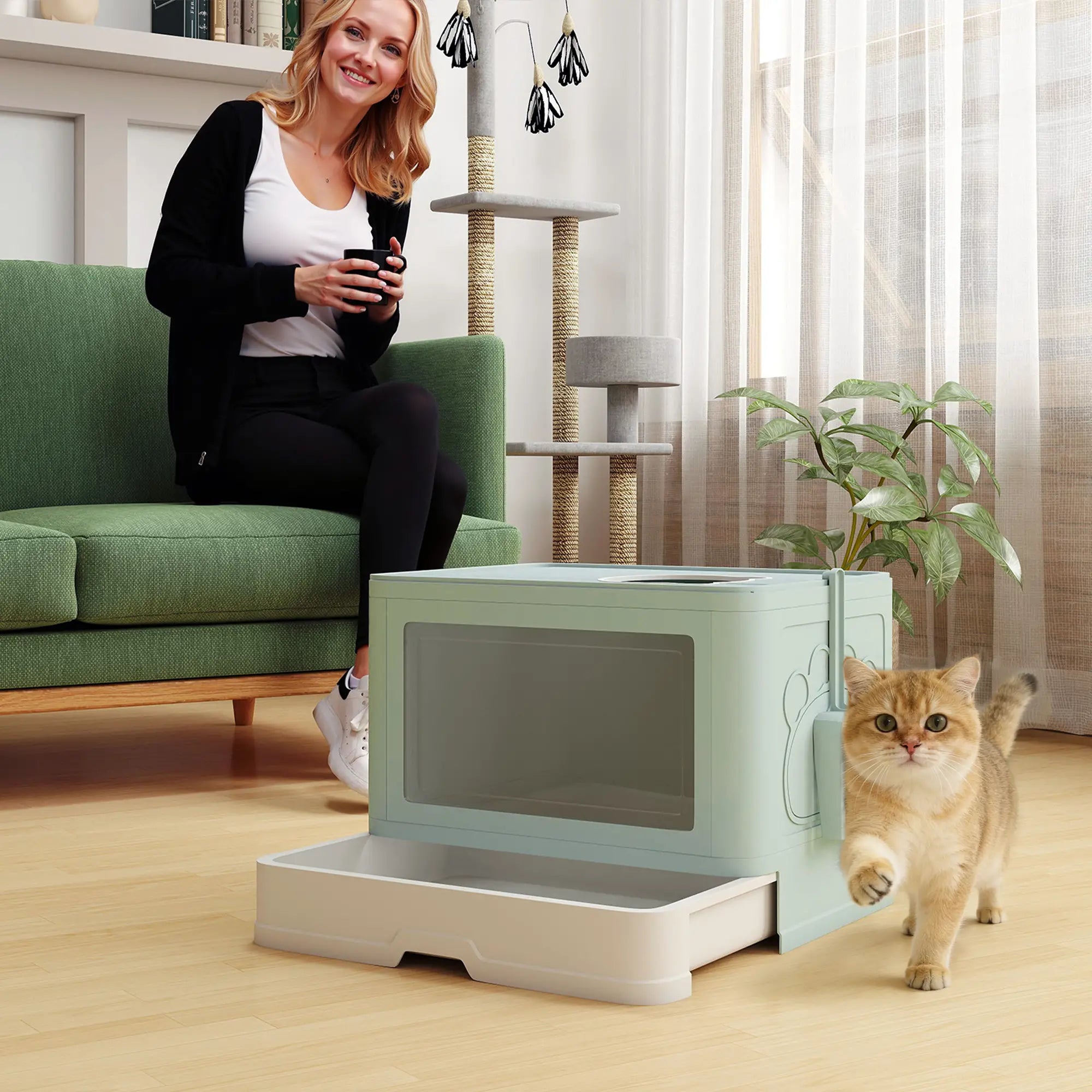 Cat Litter Box, Front Enter Top Exit, Pull Out Tray, Scoop, Green Cat Litter Box Enclosures at Gallery Canada