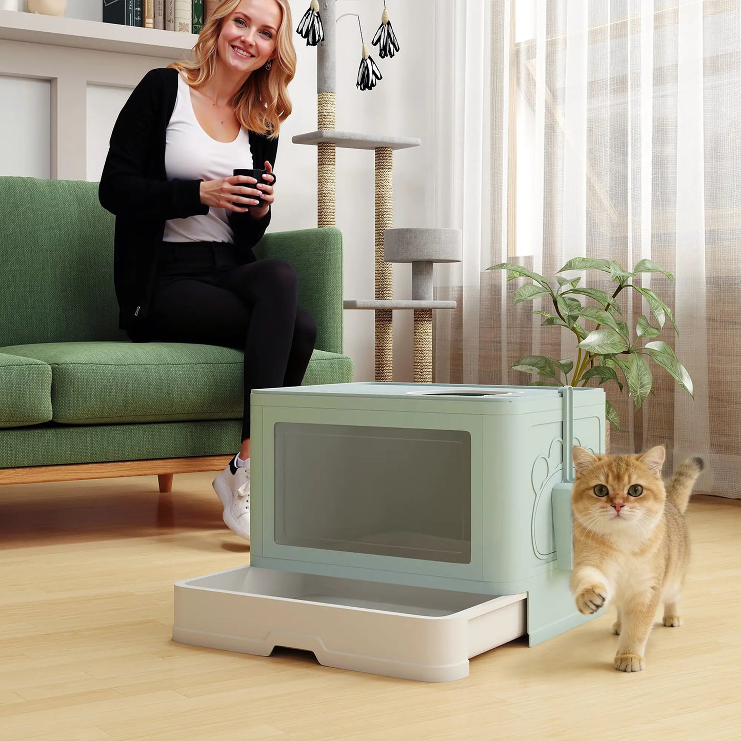 Cat Litter Box, Front Enter Top Exit, Pull Out Tray, Scoop, Green Cat Litter Box Enclosures at Gallery Canada