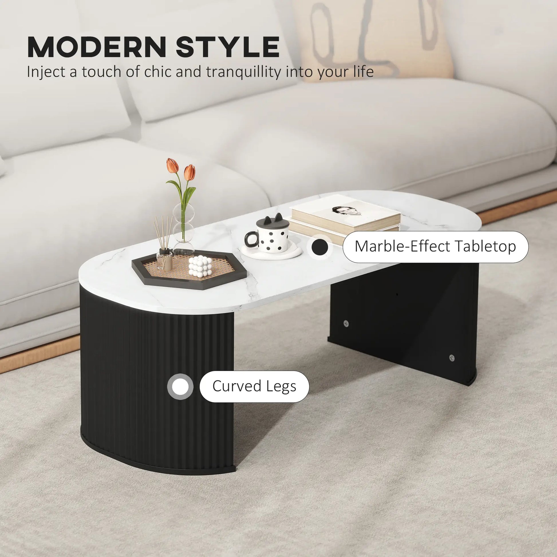 Modern Marble-Effect Coffee Table, Round Corners, Thicken Legs, Black Coffee Tables at Gallery Canada