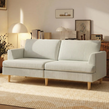 3 Seater Sofa, 74" Corduroy Couch, Solid Wood Legs, Beige 3-Seater Sofas at Gallery Canada