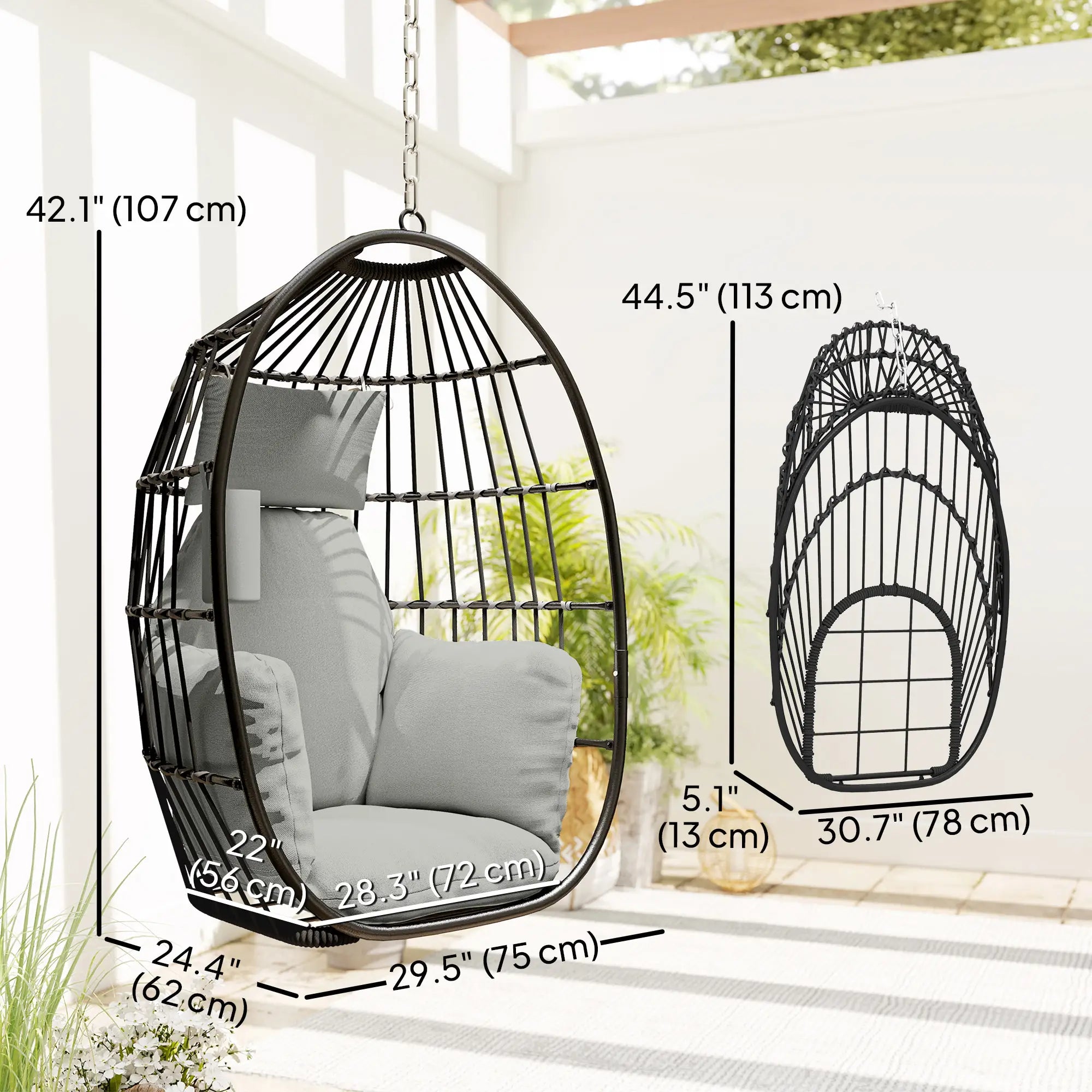 Foldable Hanging Egg Chair, With Head Pillow And Cup Holder, Dark Grey Hanging Porch Swings at Gallery Canada