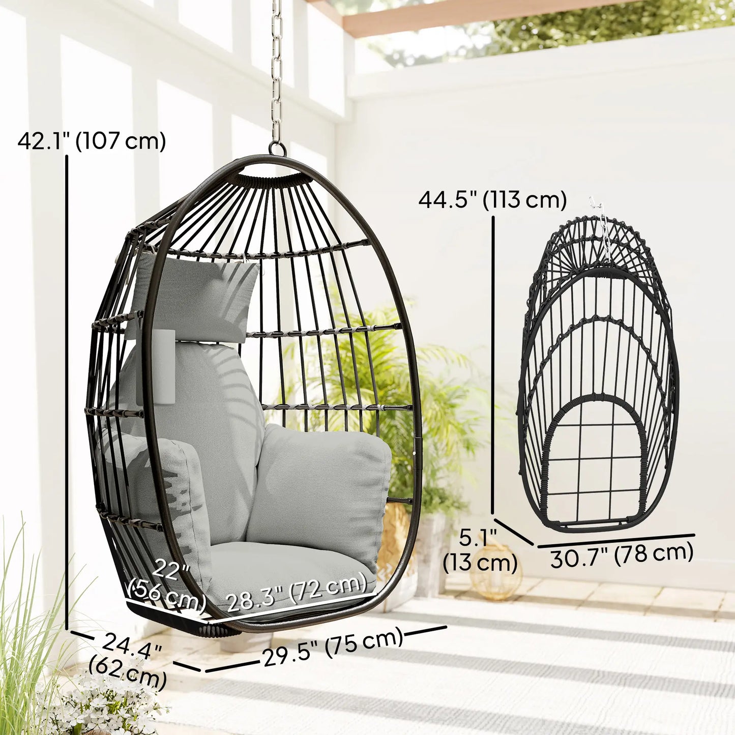Foldable Hanging Egg Chair, With Head Pillow And Cup Holder, Dark Grey Hanging Porch Swings at Gallery Canada