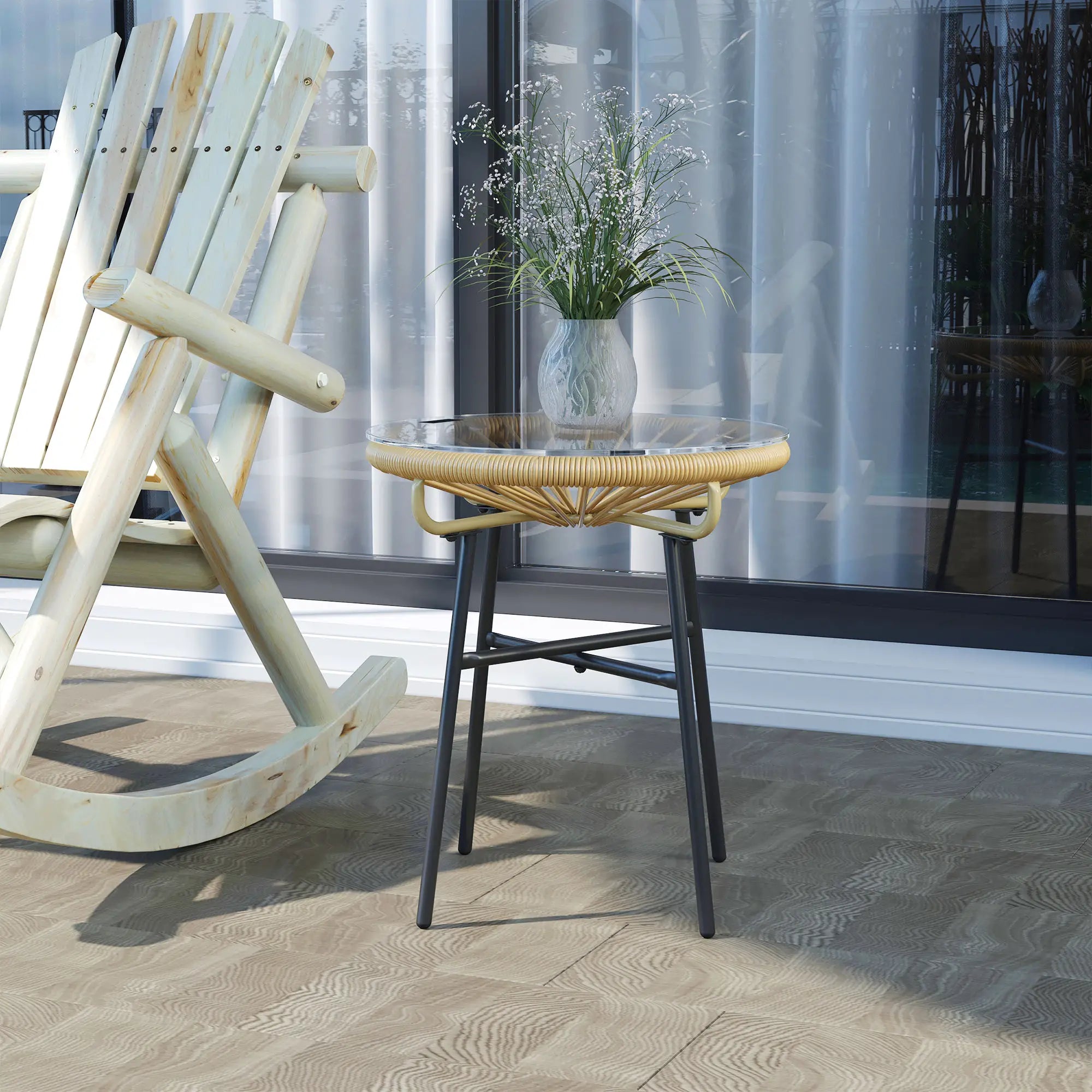 Round Rattan Side Table, Outdoor, PE Rattan, Tempered Glass Top, Beige Patio Side Tables at Gallery Canada