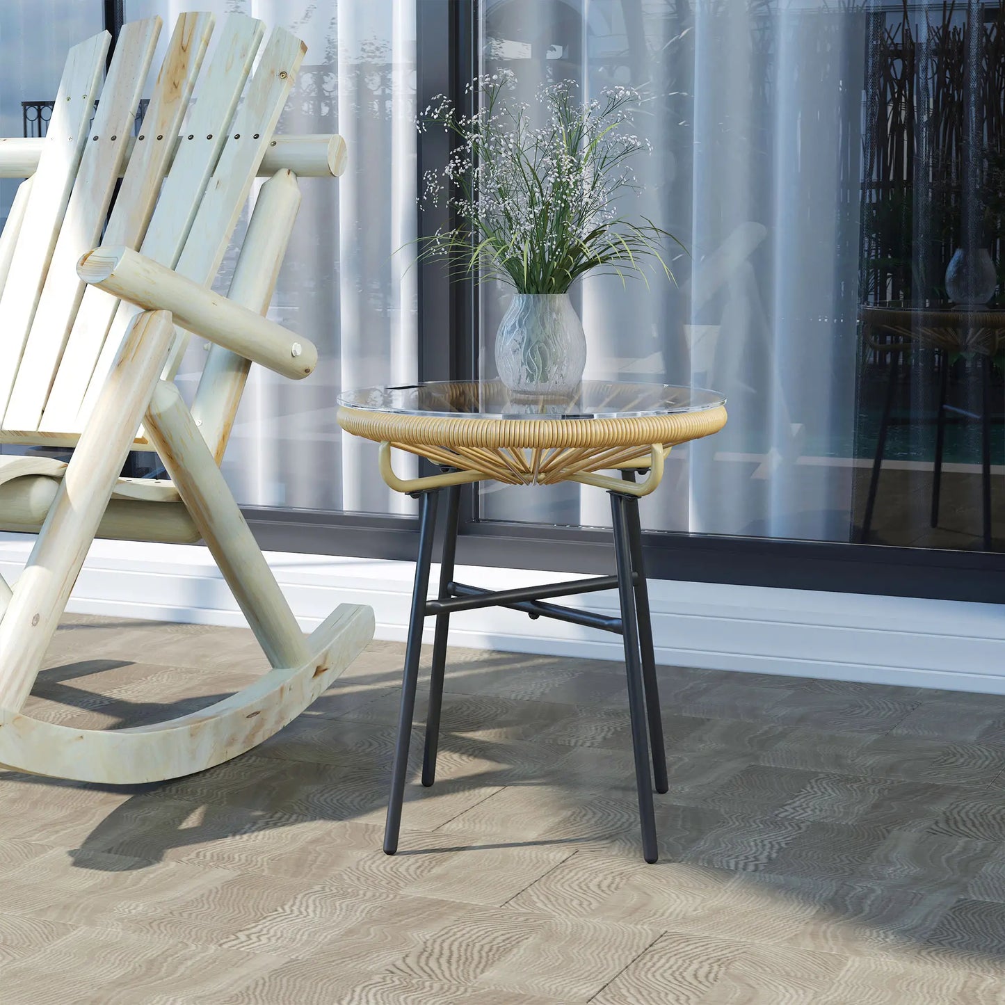 Round Rattan Side Table, Outdoor, PE Rattan, Tempered Glass Top, Beige Patio Side Tables at Gallery Canada