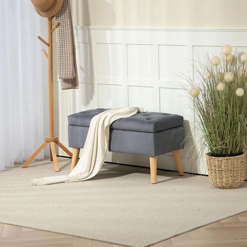 Velvet Storage Ottoman with Lid, Wood Legs, Charcoal Grey