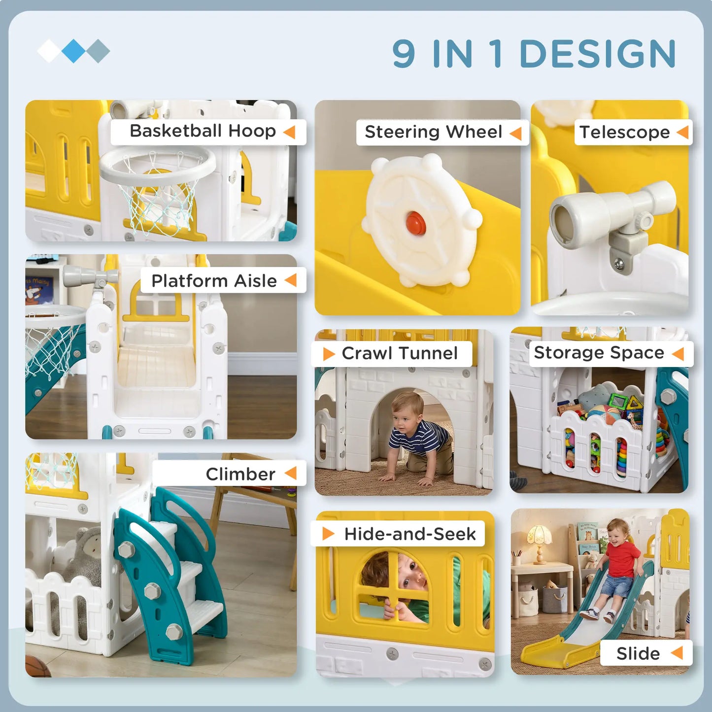 7 in 1 Toddler Slide, Basketball Hoop, Climber, Telescope, Yellow Gym Sets & Swings at Gallery Canada