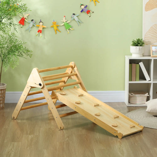 Pikler Triangle Set, 3 in 1 Climbing Toys with Ramp, Nature Wood