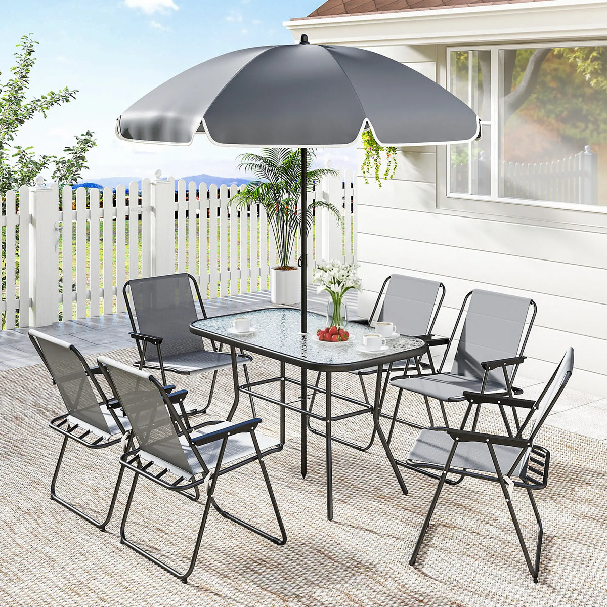 8 Piece Patio Table And Chairs Set, Tempered Glass Tabletop, Grey