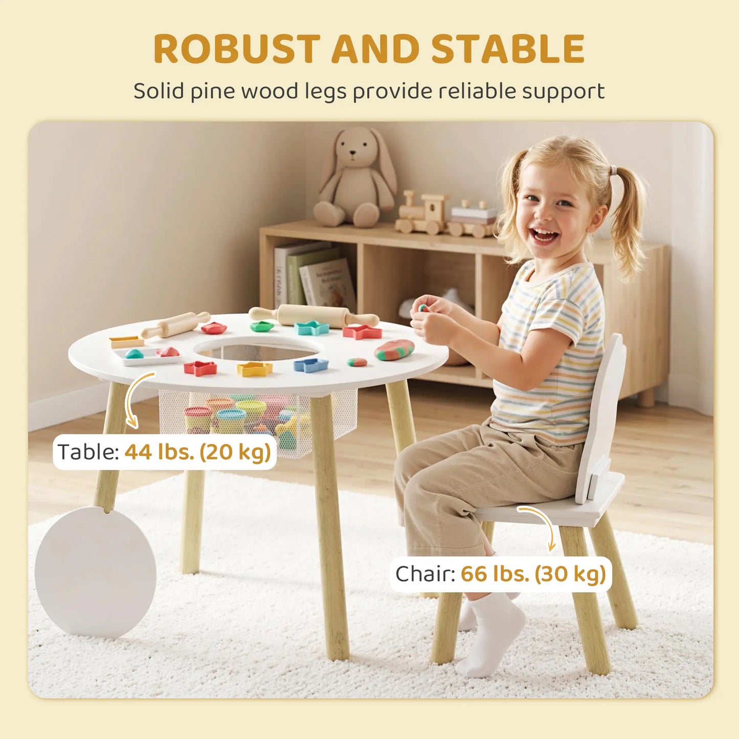 Kids Table and Chairs Set With Storage, White