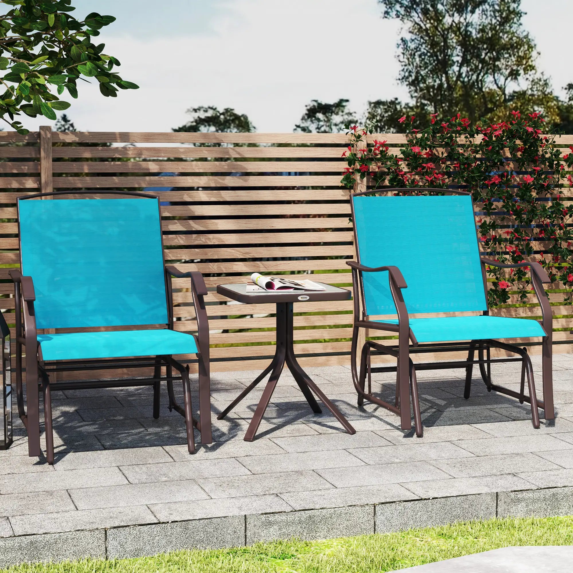 3 Piece Patio Glider Set, Breathable Mesh Seat, Glass Top Table, Blue Outdoor Gliders at Gallery Canada