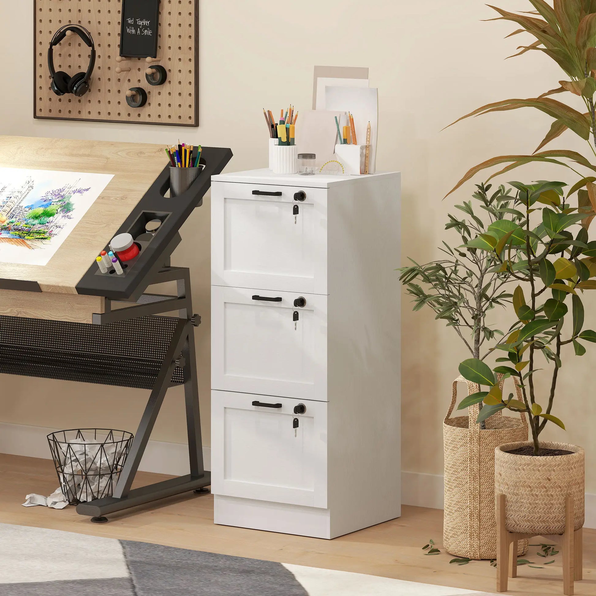 Vertical 3-Drawer Filing Cabinet, Lock, A4 Letter Size, White Office Cabinets & Cupboards at Gallery Canada