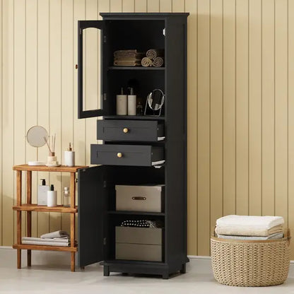 Bathroom Storage Cabinet, Glass Doors, Adjustable Shelves, 18" L x 14" W x 63" H, Black Bathroom Cabinets at Gallery Canada