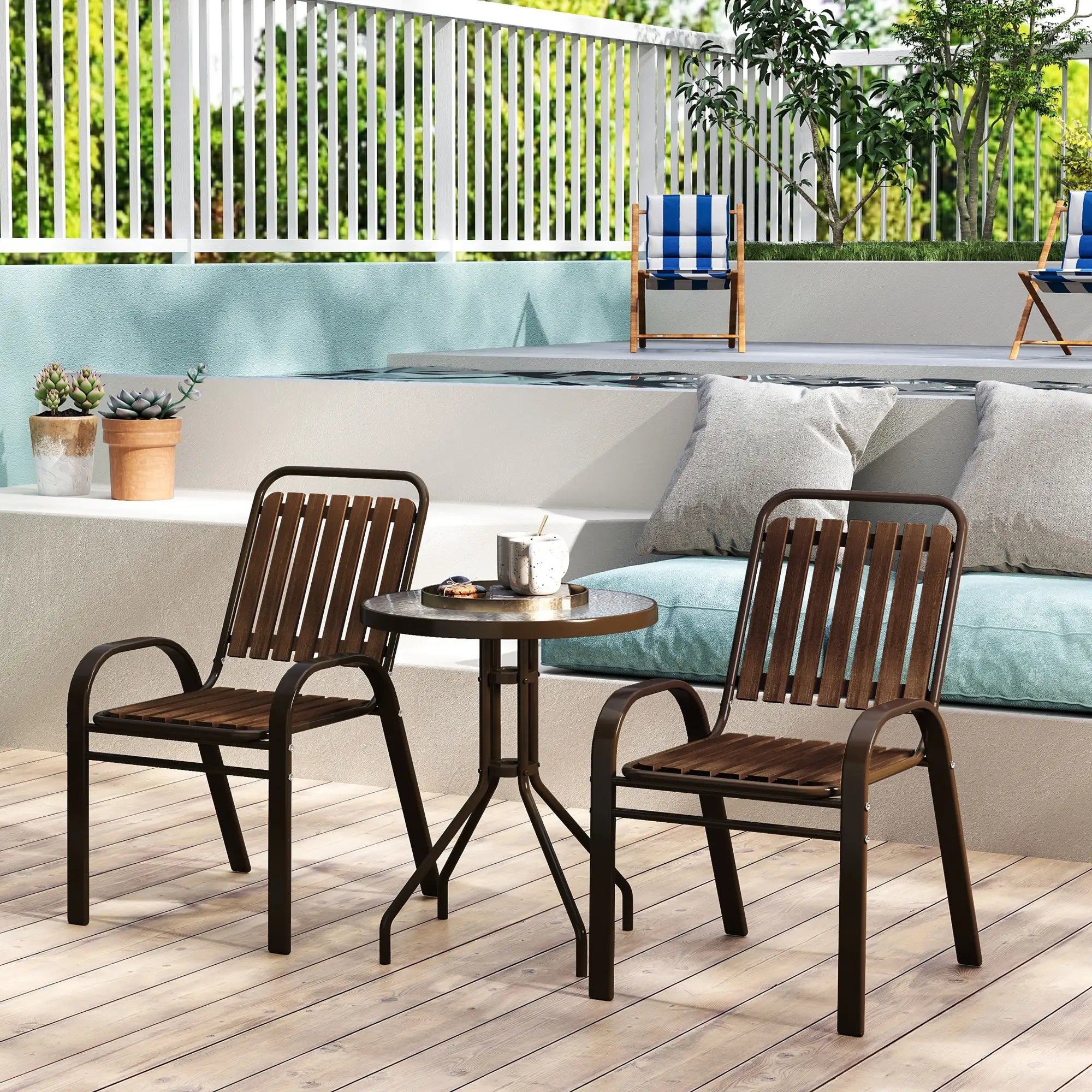 3pc Patio Bistro Set, 2 Stackable Chairs with Glass Table, Outdoor, Dark Brown Bistro Sets at Gallery Canada