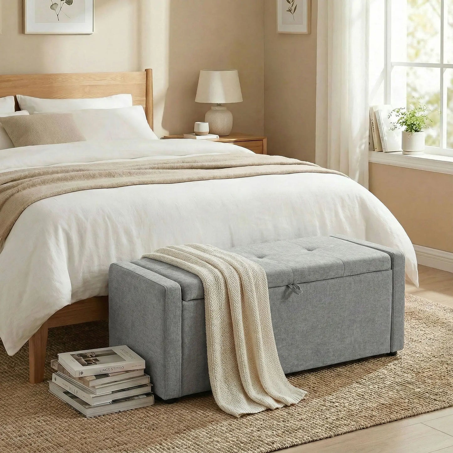 Storage Ottoman Bench, Linen Fabric, Light Grey Storage Ottomans & Benches at Gallery Canada