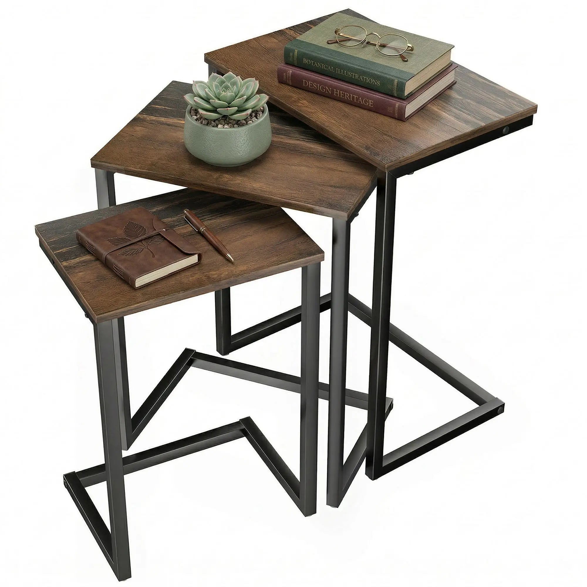 Nesting End Tables Set of 3, Industrial C-Shaped Side Table, Rustic Brown, Brown Side Tables Rustic Brown at Gallery Canada