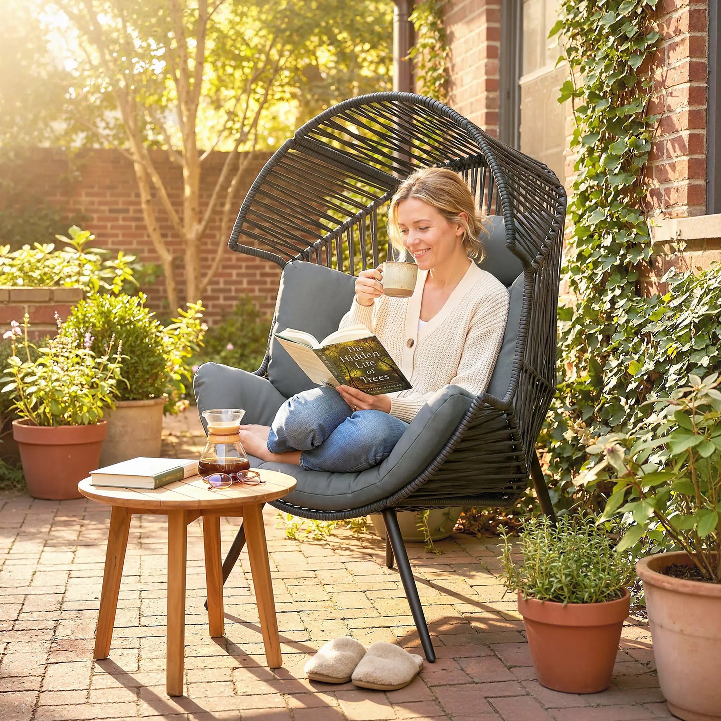 Wicker Egg Chair, Indoor Outdoor Rattan Lounge Chair, Grey Patio Chairs at Gallery Canada