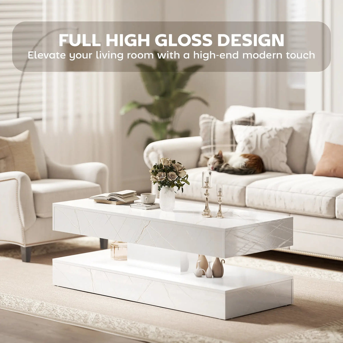 Adjustable LED Coffee Table, 2 Drawers, Open Shelf, Remote, White Coffee Tables at Gallery Canada