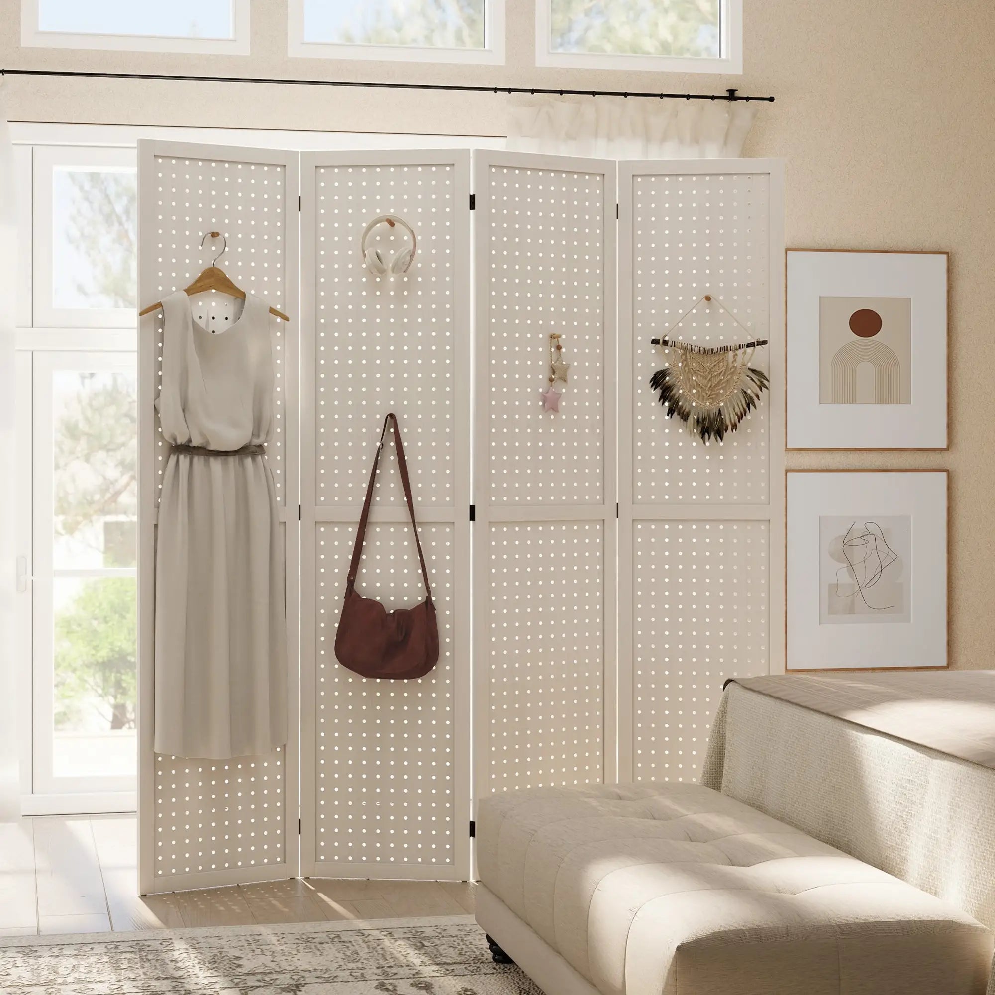 5.6 Ft. Tall 4-Panel Room Divider, Pegboard Privacy Screen, White Room Dividers at Gallery Canada