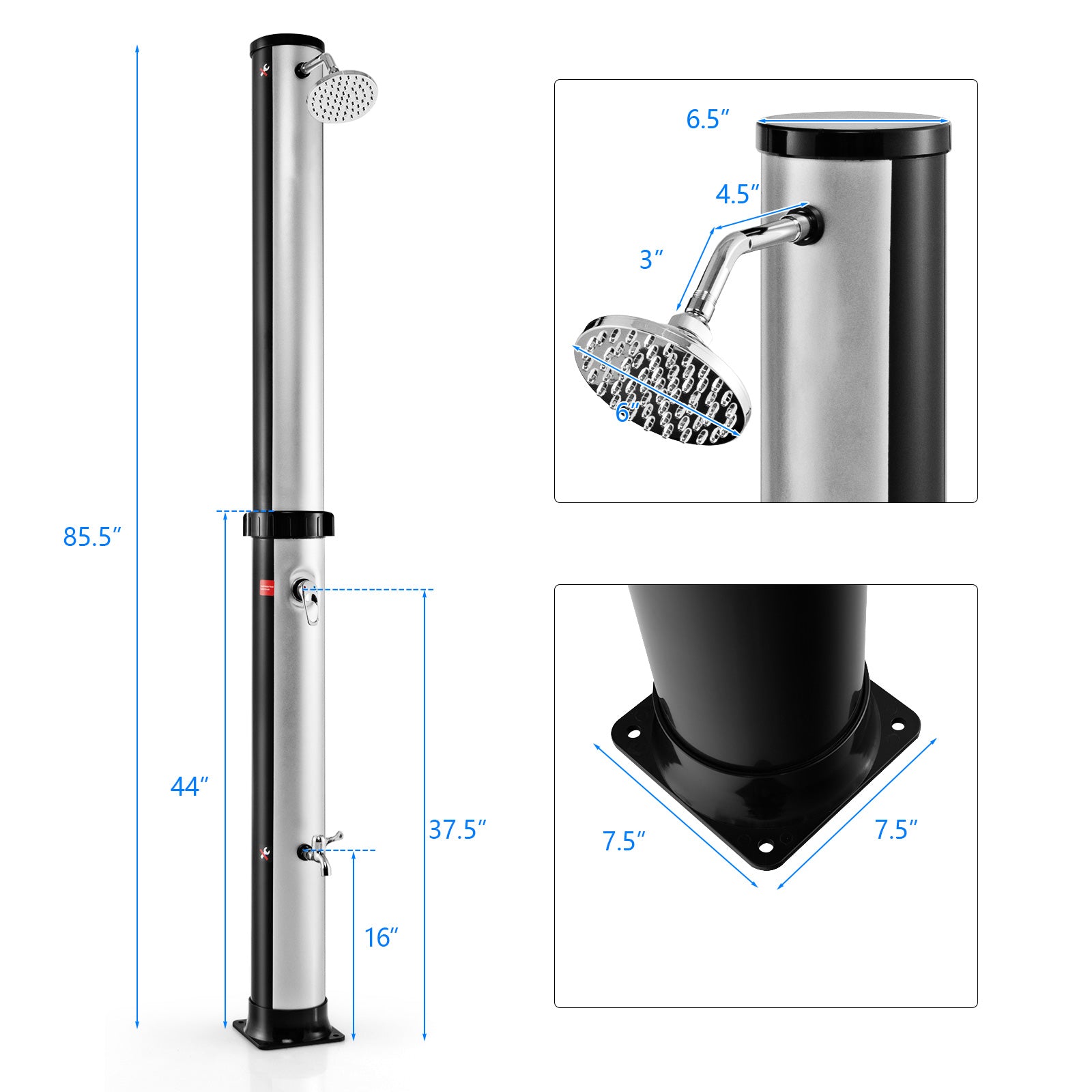 7.2 Feet Solar-Heated Outdoor Shower, Free-Rotating Head, Silver Portable Toilets & Showers at Gallery Canada