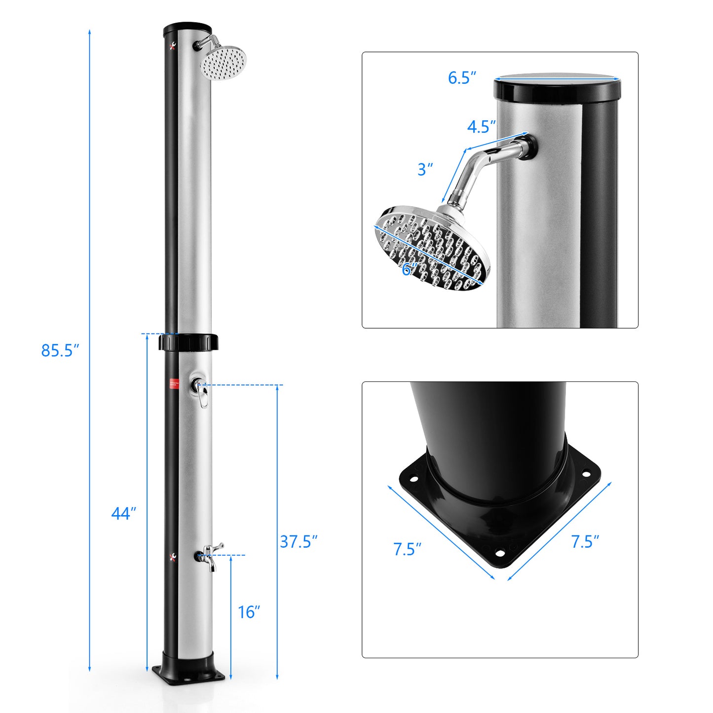 7.2 Feet Solar-Heated Outdoor Shower, Free-Rotating Head, Silver Portable Toilets & Showers at Gallery Canada