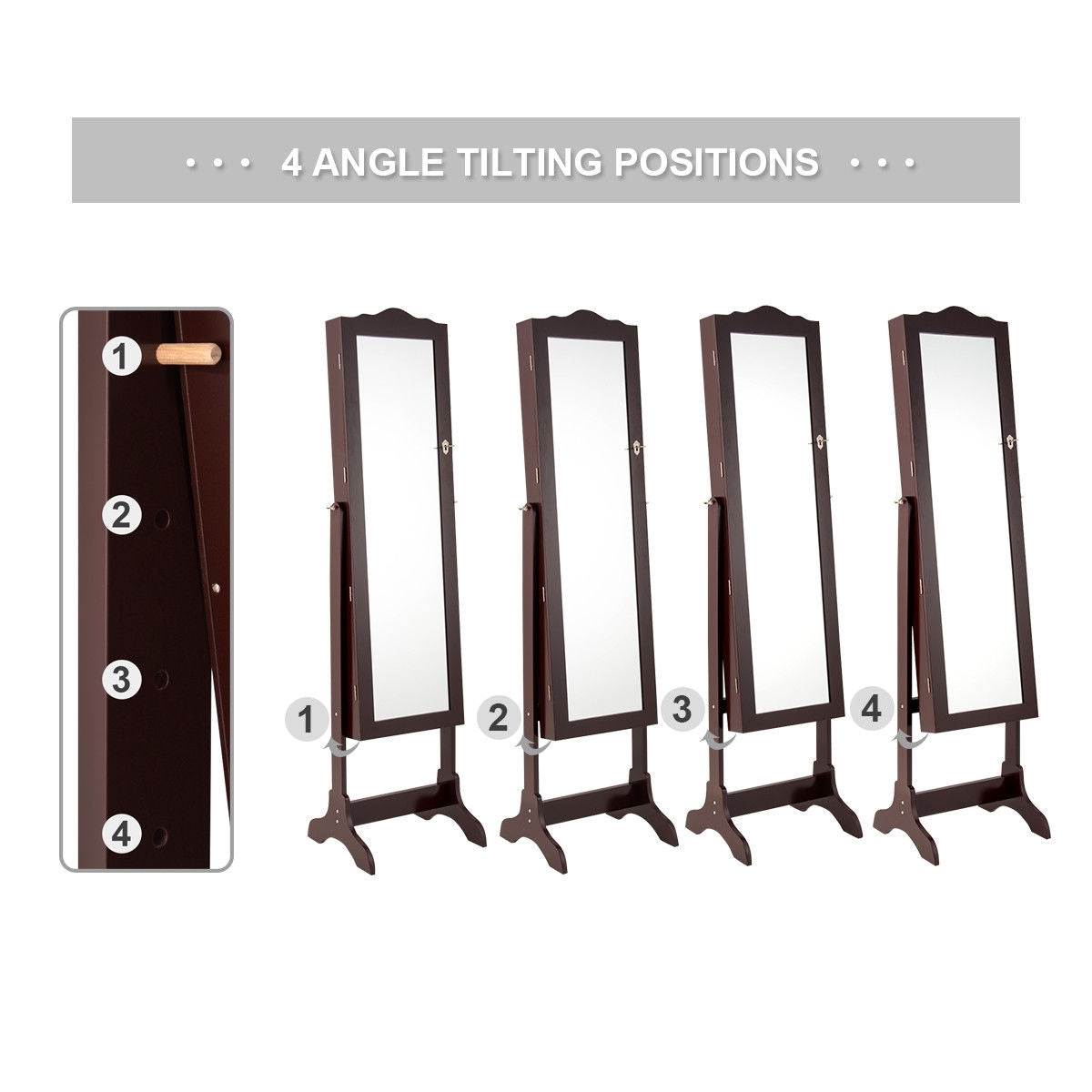 Mirrored Jewelry Cabinet Storage With Drawer And Led Lights , Coffee Jewelry Armoires at Gallery Canada