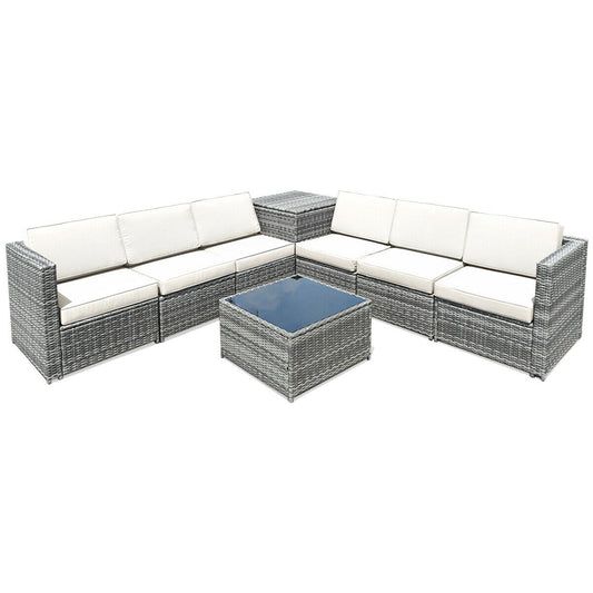 8 Piece Wicker Sofa Rattan Dinning Set Patio Furniture with Storage Table, White Outdoor Sectionals White at Gallery Canada