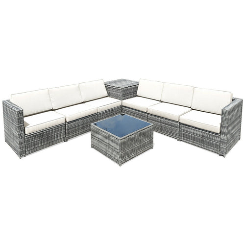 8 Piece Wicker Rattan Sofa Dining Set, With Storage Table, White