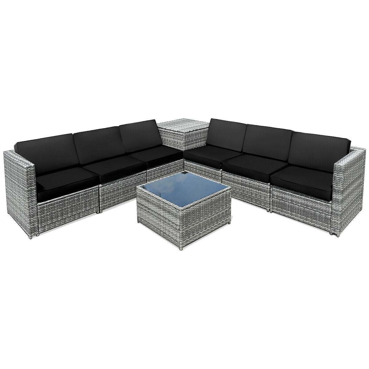 8 Piece Wicker Rattan Dining Set, With Storage Table, Black Outdoor Sectionals Black at Gallery Canada