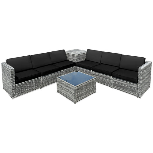 8 Piece Wicker Rattan Dining Set, With Storage Table, Black