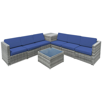 8 Piece Wicker Rattan Sofa Dining Set, With Storage Table, Navy Outdoor Sectionals at Gallery Canada