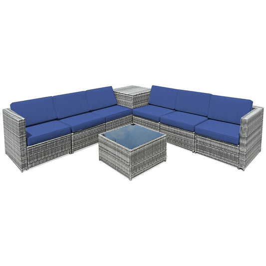 8 Piece Wicker Rattan Sofa Dining Set, With Storage Table, Navy Outdoor Sectionals Navy at Gallery Canada