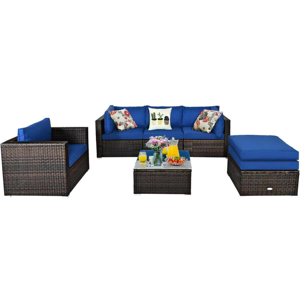 6 Pieces Patio Rattan Furniture Set with Sectional Cushion, Blue Outdoor Sectionals at Gallery Canada
