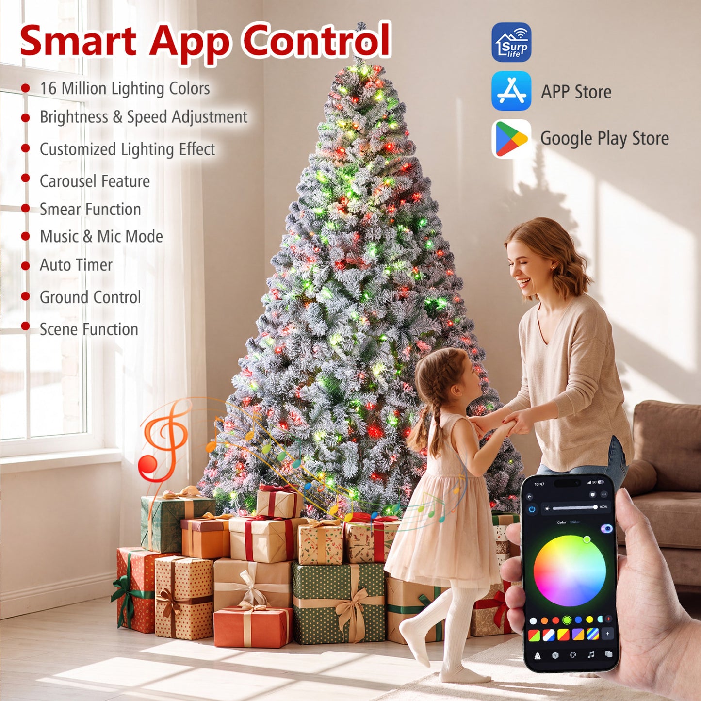Arbre de Noël intelligent à crayon de 6 pieds avec synchronisation musicale, lumières RVB