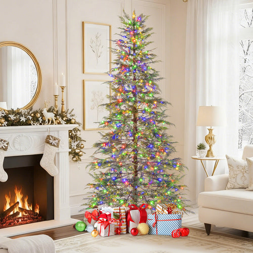 7.5 Feet Artificial Christmas Tree with Branch Tips and Colorful LED Lights, Green