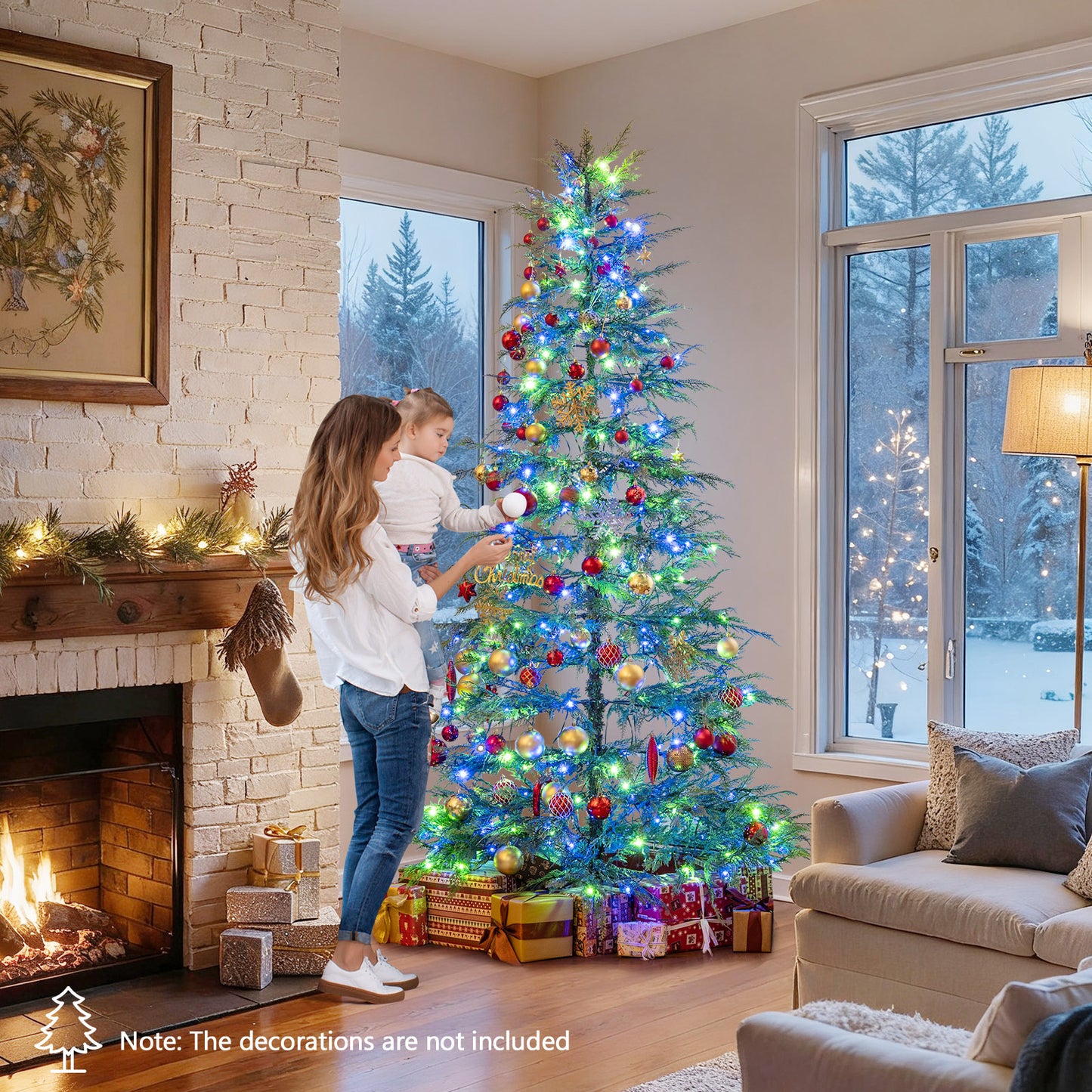 7.5 Feet Artificial Christmas Tree with Branch Tips and Colorful LED Lights, Green Christmas Tree at Gallery Canada