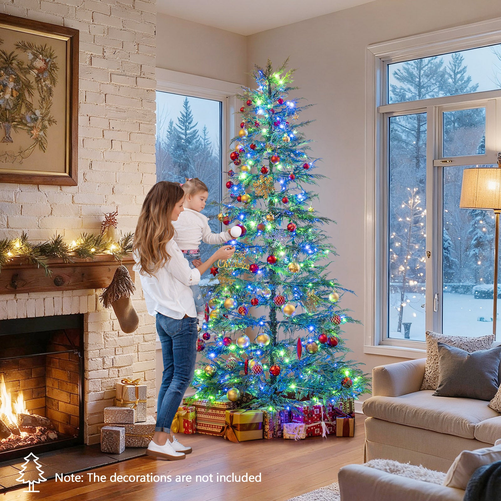 7.5 Feet Artificial Christmas Tree with Branch Tips and Colorful LED Lights, Green Christmas Tree at Gallery Canada