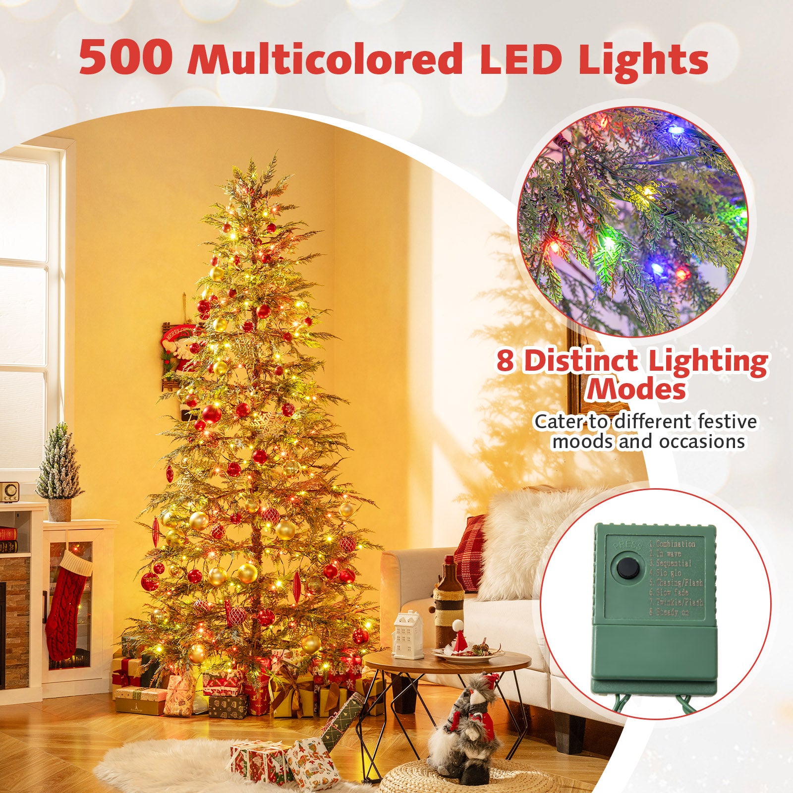 7.5 Feet Artificial Christmas Tree with Branch Tips and Colorful LED Lights, Green Christmas Tree at Gallery Canada