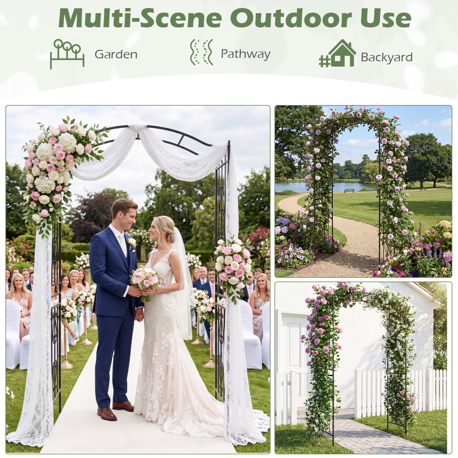7.5 Ft Garden Arbor, Metal Arch Trellis with Curved Roof Outdoor Decor at Gallery Canada