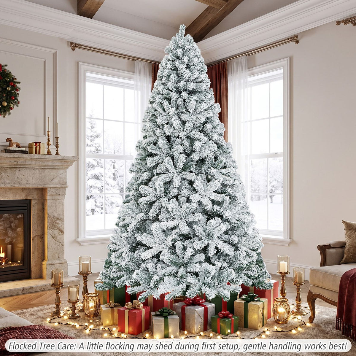 7.5 Feet Snow Flocked Hinged Artificial Christmas Tree, White Christmas Tree at Gallery Canada