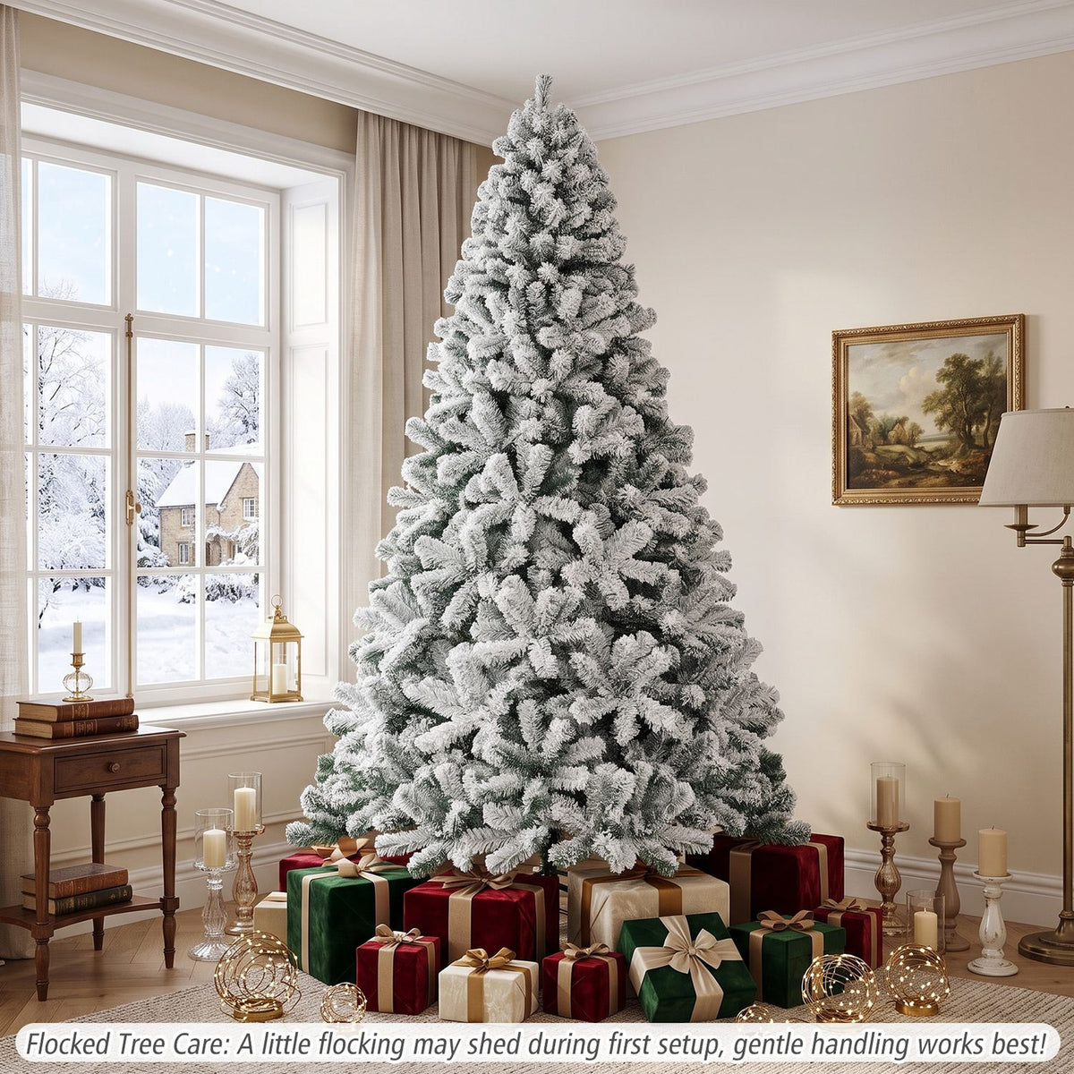 7.5 Feet Snow Flocked Hinged Artificial Christmas Tree, White Christmas Tree at Gallery Canada