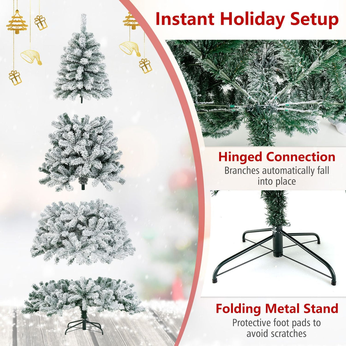 7.5 Feet Snow Flocked Hinged Artificial Christmas Tree, White Christmas Tree at Gallery Canada