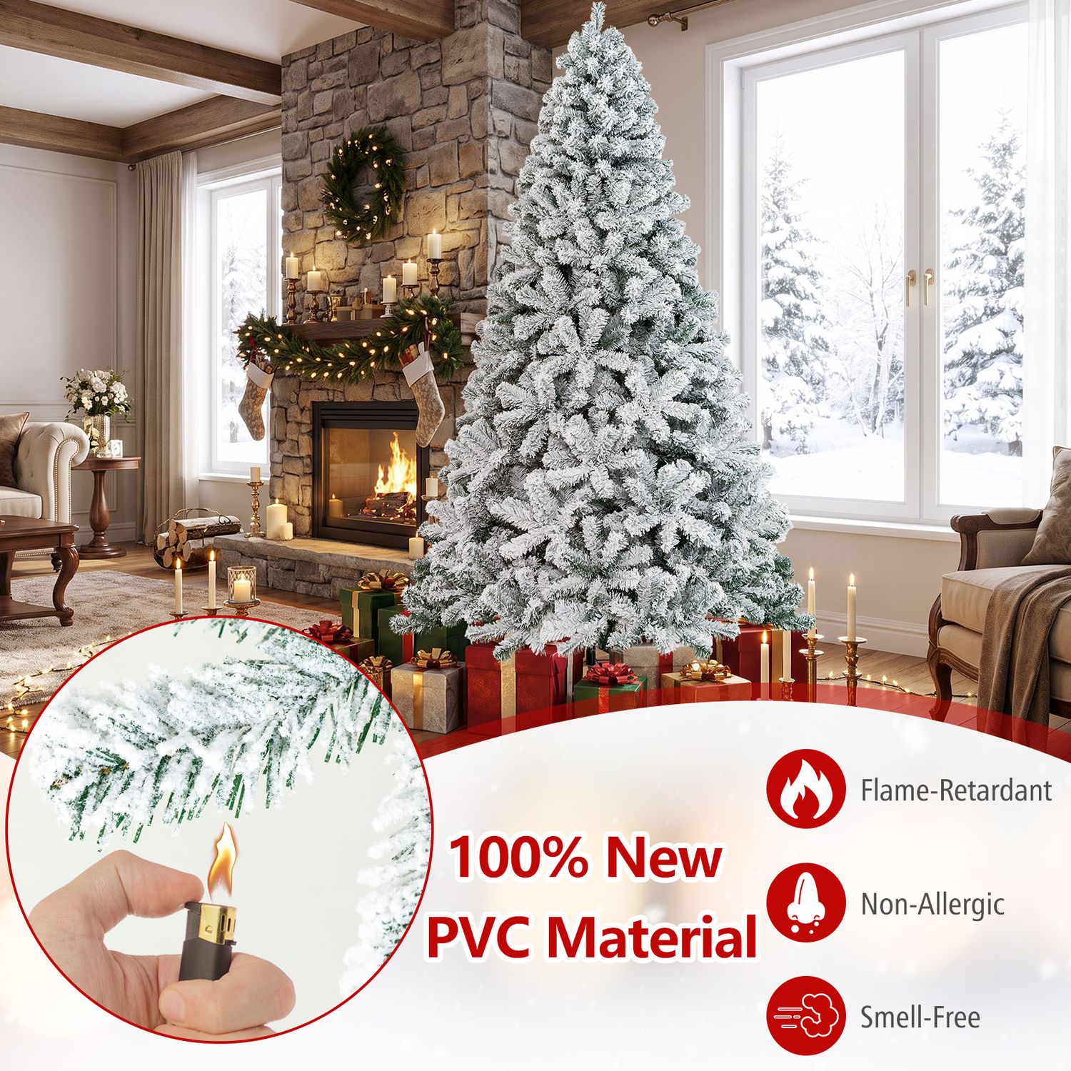 7.5 Feet Snow Flocked Hinged Artificial Christmas Tree, White Christmas Tree at Gallery Canada