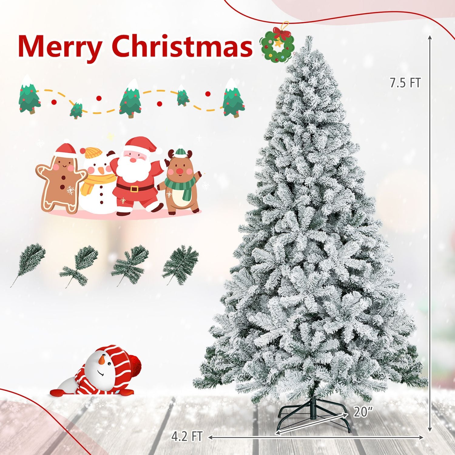 7.5 Feet Snow Flocked Hinged Artificial Christmas Tree, White Christmas Tree at Gallery Canada