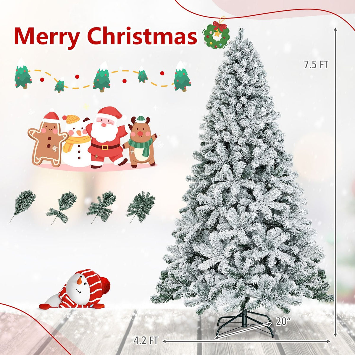 7.5 Feet Snow Flocked Hinged Artificial Christmas Tree, White Christmas Tree at Gallery Canada