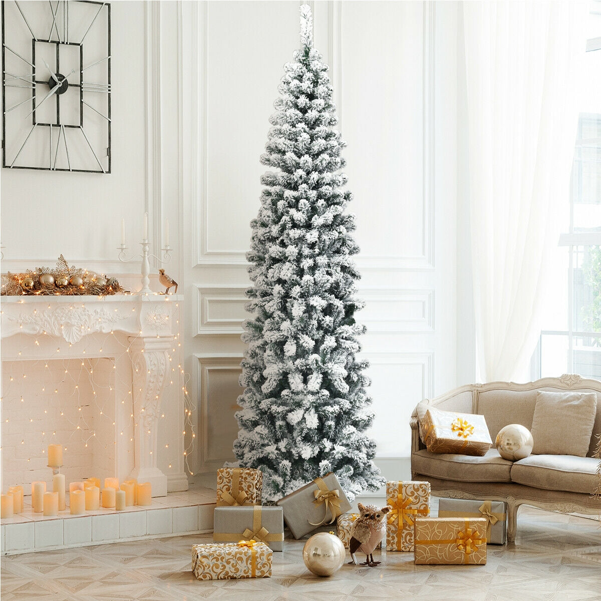 7.5 Feet Unlit Snow Flocked Artificial Pencil Christmas Tree, White