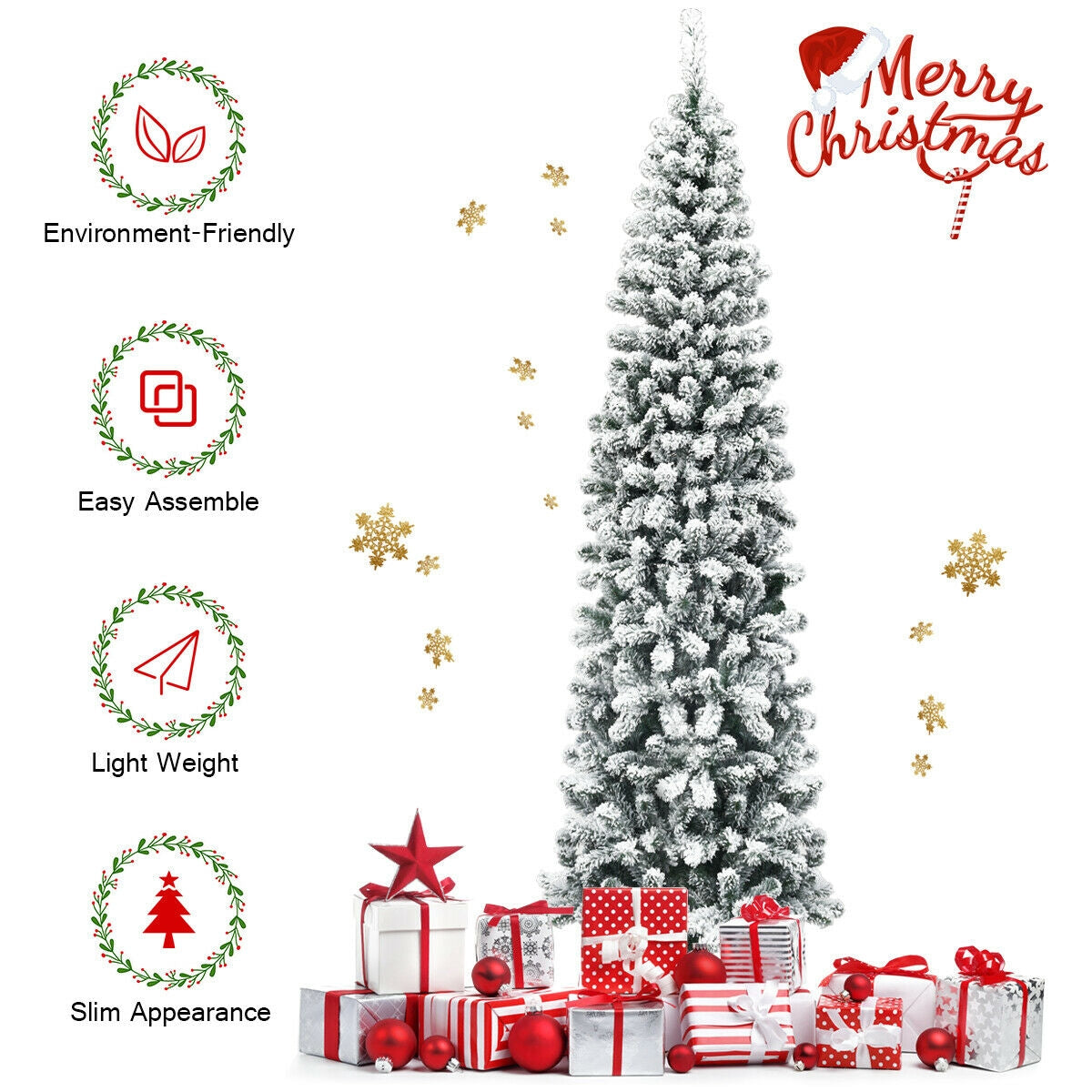 7.5 Feet Unlit Snow Flocked Artificial Pencil Christmas Tree, White