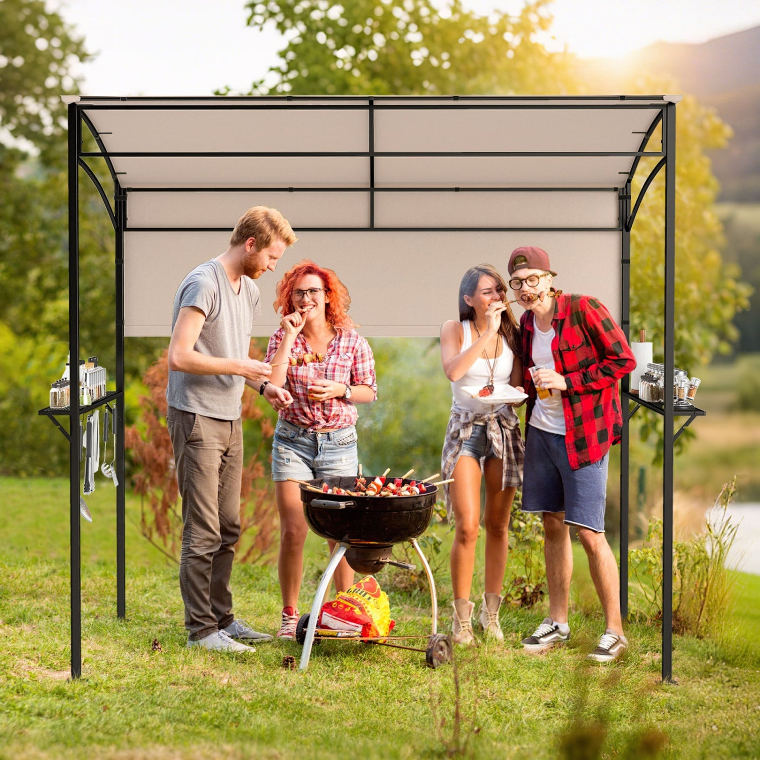 7.8 x 4.4 FT Outdoor BBQ Canopy with Shelves, Beige Canopies at Gallery Canada